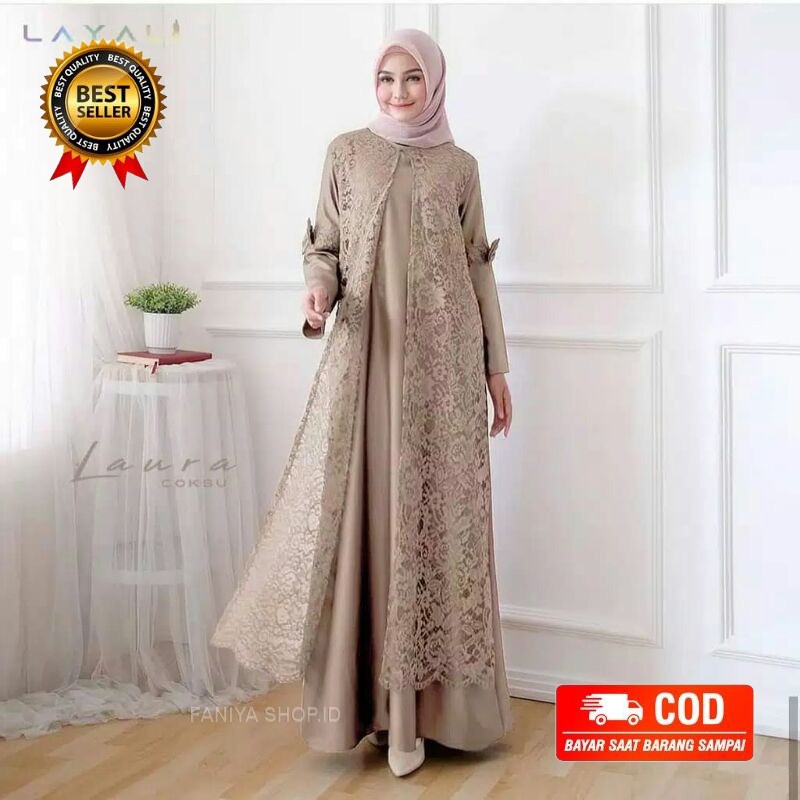 Baju Gamis Fashion Muslim Wanita Dewasa Laura Dress Kekinian Model Brukat Premium Murah Terbaru 2021