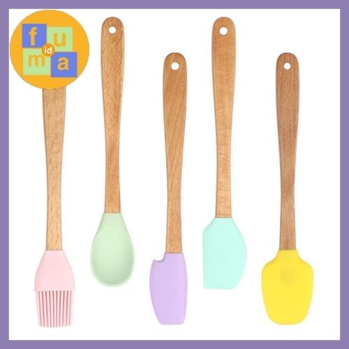 5 Pcs Mini Utensil Set Spatula Mini kayu Baking Kuas Sutil Sendok / Spatula Silikon Gagang kayu tahan panas / Peralatan Masak Murah