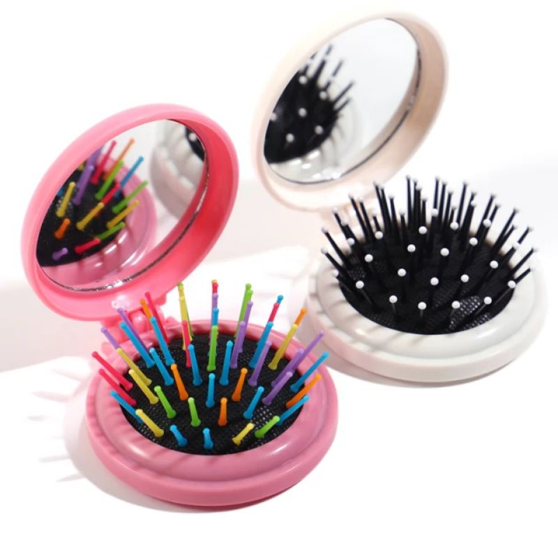 2IN1!! SISIR LIPAT Sisir Rambut Mini Lucu Anti Rontok Bulat Portable Pijat Kesehatan Dengan Cermin