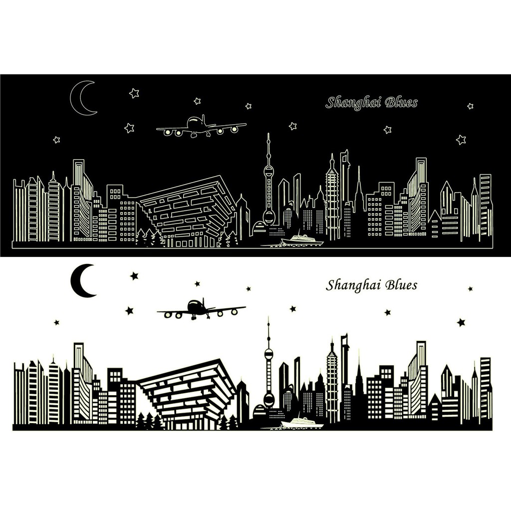 RELIZA WALL STICKER SANGHAI GLOW IN THE DARK SILUET HITAM KOTA CITY ABQ9636 STIKER DINDING