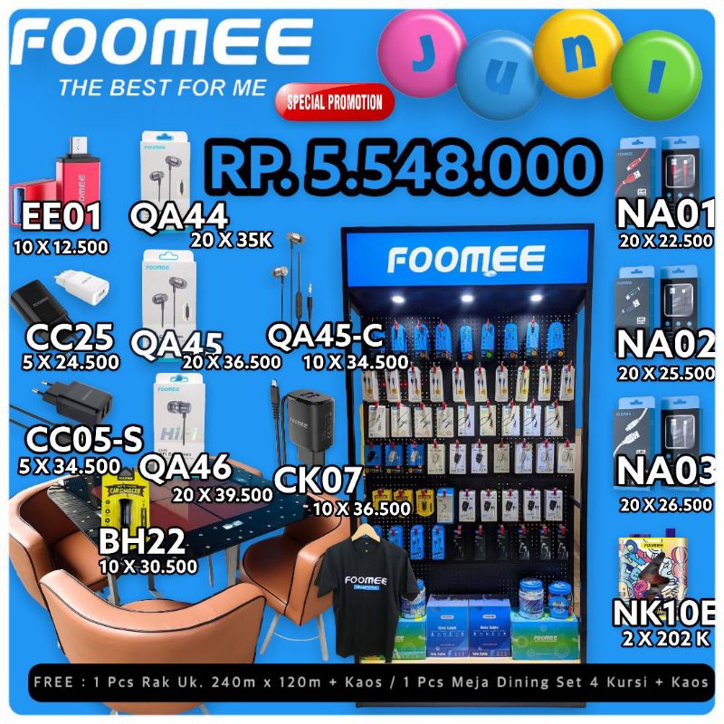 Promo Paket Bundling Free Rak Pajangan / Meja Dining 1 Set 4 Kursi + Kaos FOOMEE ( NA01 + NA02 + NA0