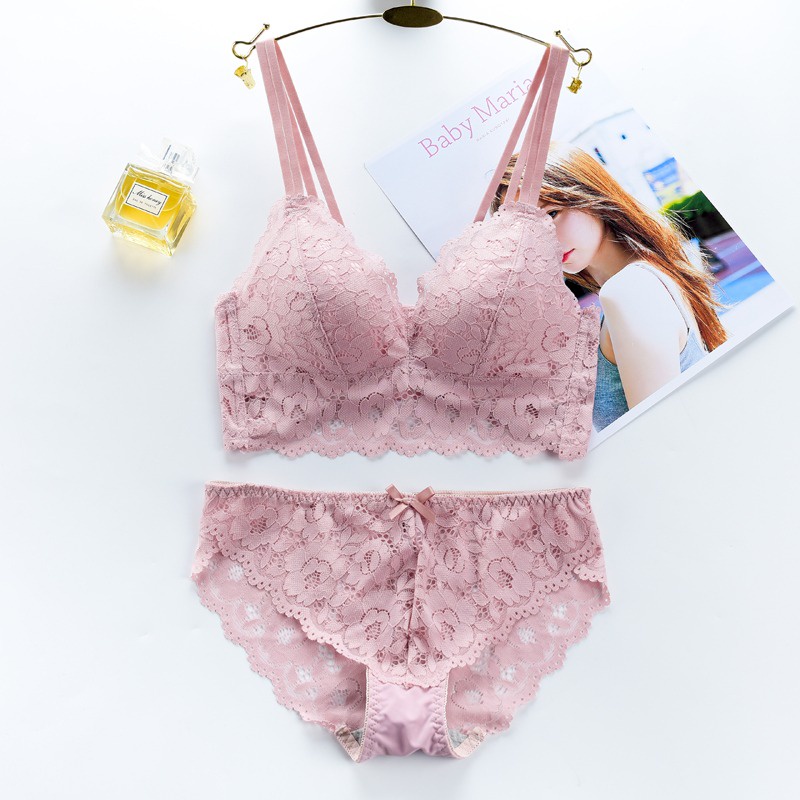 ANGELA PREMIUM JAPAN Bra BH Push Up Set Tanpa Kawat Celana Dalam Wanita Bikini Sport Beha Lingerie Korea Fashion Bralette Remaja Perempuan Sexy Pakaian Dalam COD Renang Motif Cewek Pita Bunga Murah Elora Jumbo-Pink