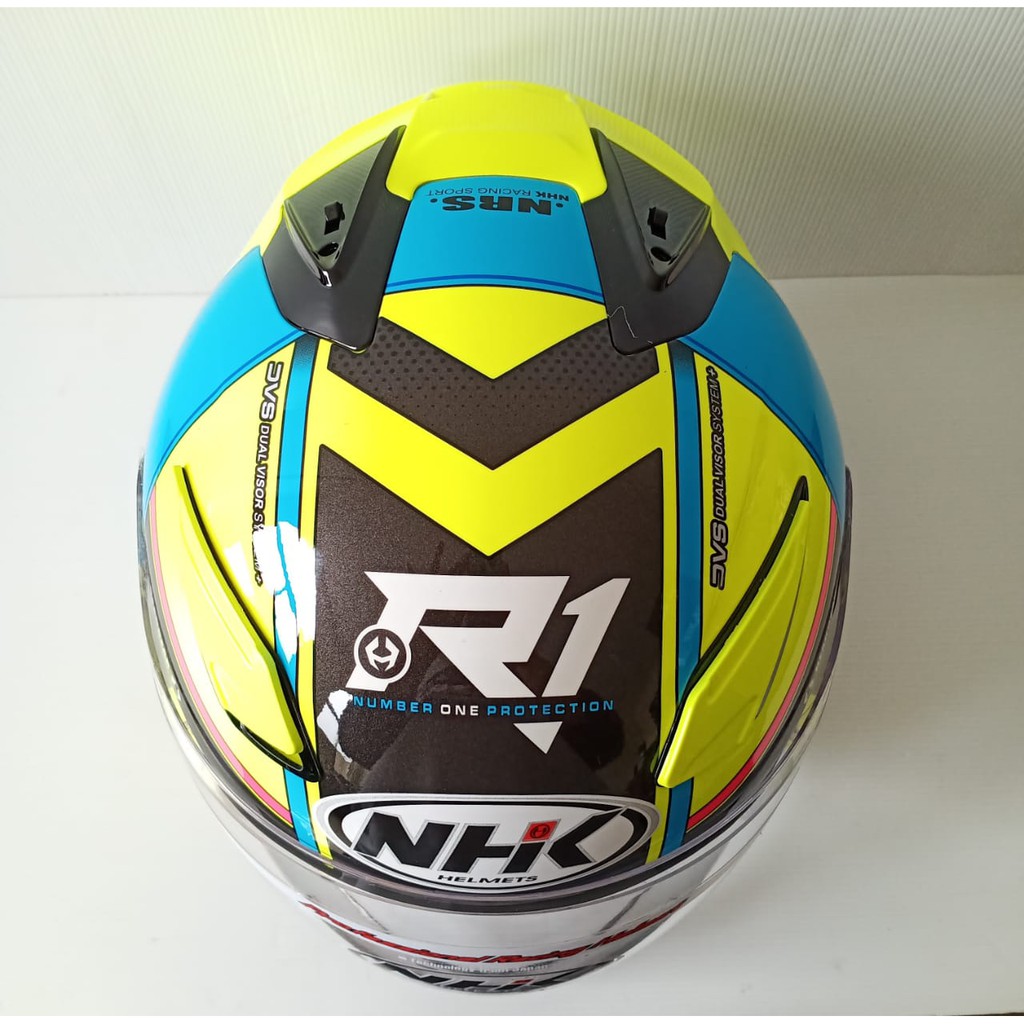 HELM NHK R1 NAPOLEON YELLOW FLO LIGHT BLUE DOUBLE VISOR HALF FACE