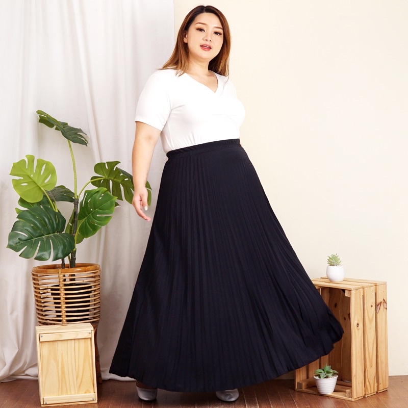 ROK PLISKET JUMBO XXL PAYUNG PLEATED SKIRT MURAH MUSLIM IBU ACARA POLOS ROK PANJANG PAYUNG MAYUNG-Black