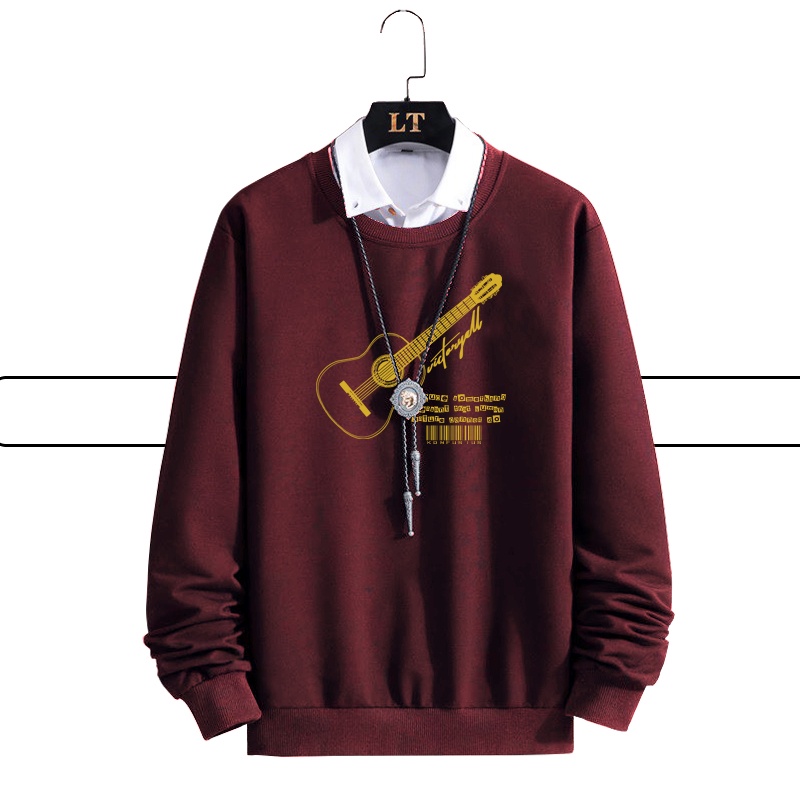 ( Victoryall ) Sweater Pria Deas gitar hitam Beludru Panas Musim Gugur Berkerudung Dingin Remaja Memakai Versi-Crewneck marun gitar