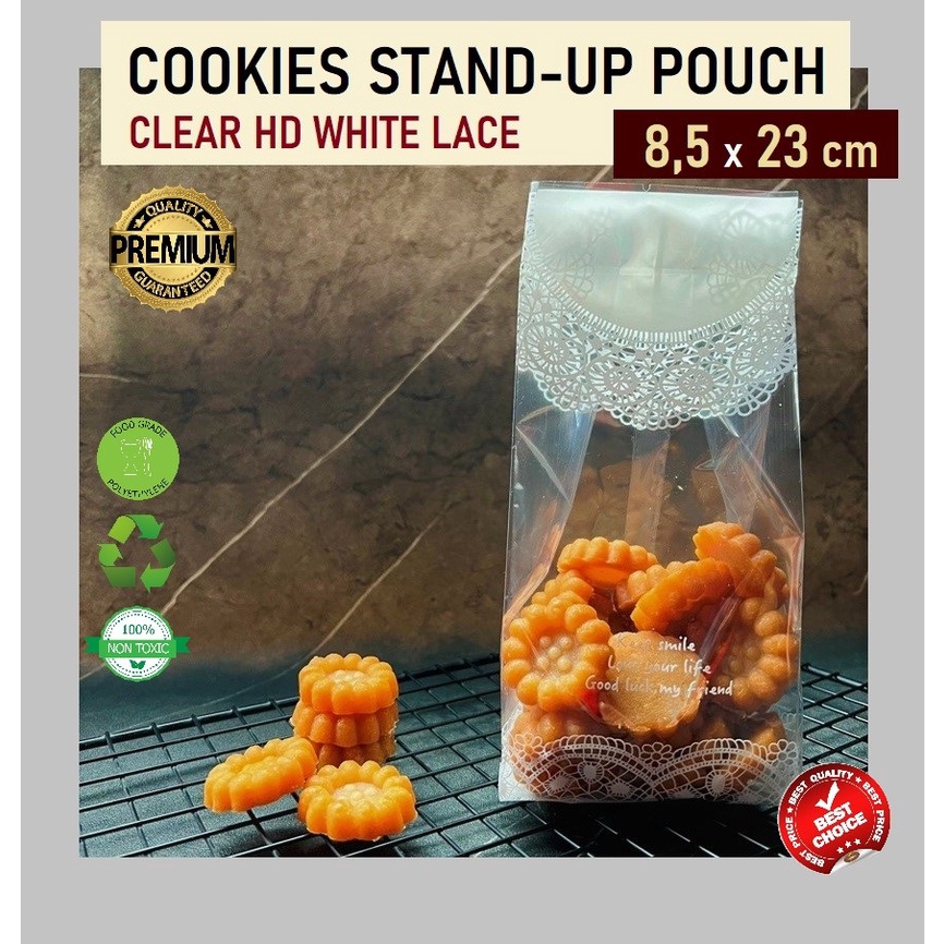 COOKIES STANDING POUCH - CLEAR HD WHITE LACE - 8.5x23 - kemasan kue - biji - bubuk