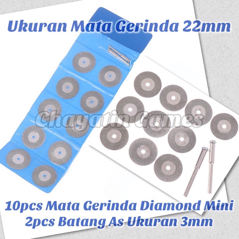 10pcs Mata Gerinda Potong Diamond 22mm &amp; 2pcs Batang As 3mm