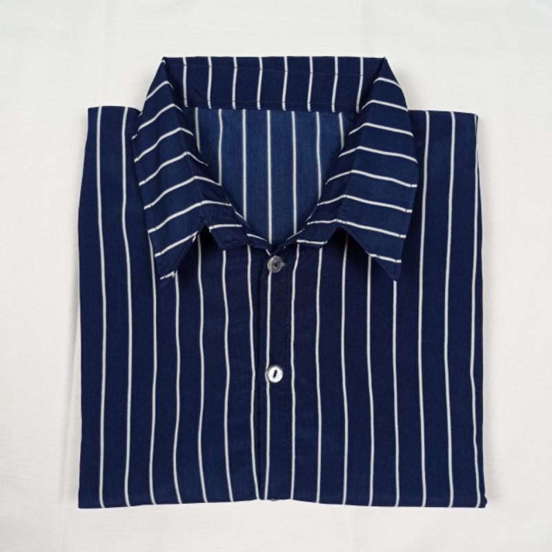 Kemeja Wanita Salur Atasan Blouse Monalisa Stripe Lengan Panjang Korean Style Motif Garis Garis Wolfis-NAVY