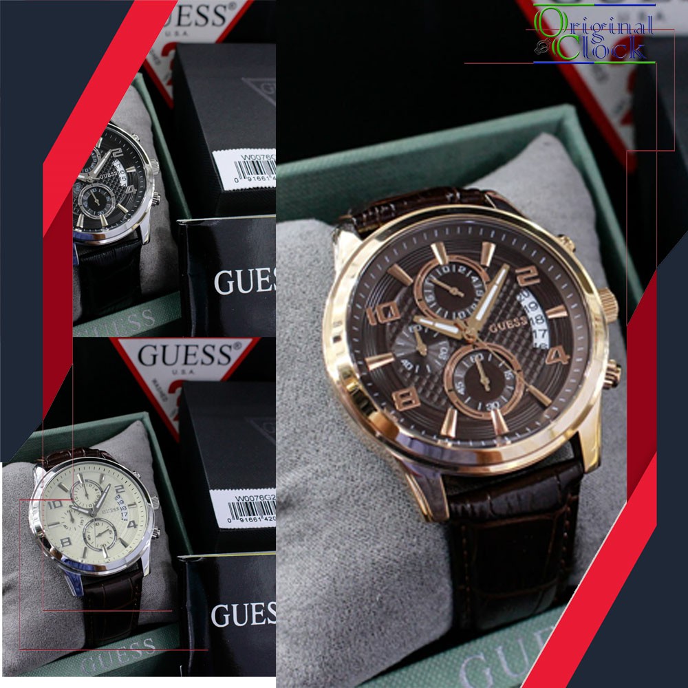 GU3SS W0076G1 - JAM TANGAN PRIA WANITA | RANTAI | KULIT | KARET | MURAH | PRIA LEATHER STRAP W0076G2