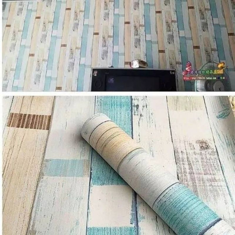 Wallpaper Dinding Kayu Papan garis Hitam Variasi Warna Cream Coklat Tua Coklat Muda Biru Abu-abu Uni