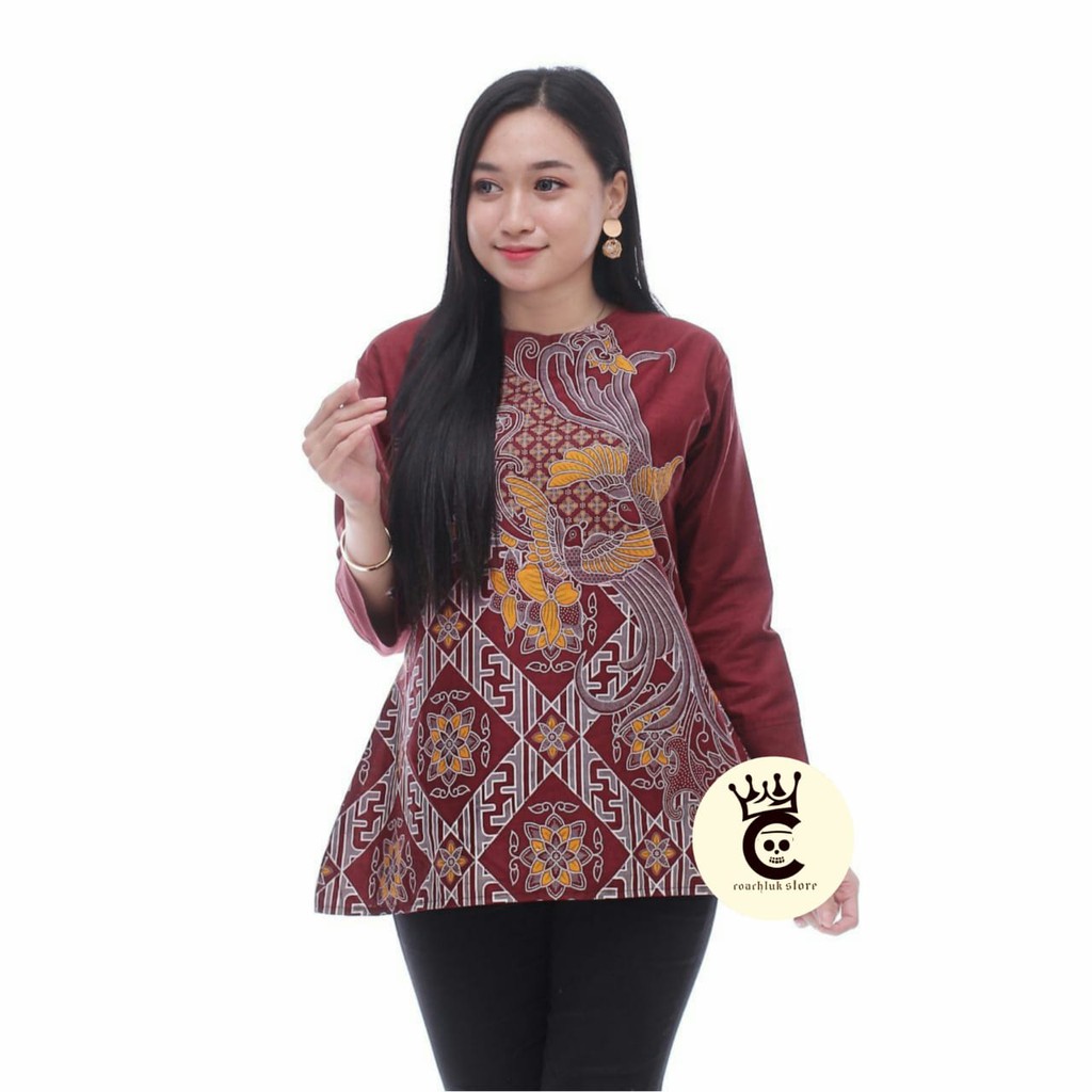 Atasan Blouse Batik Wanita Kerja- Blus Batik-Fashion Wanita Modern Kombinasi Brokat Tile  Velvet-blouse kenari merah