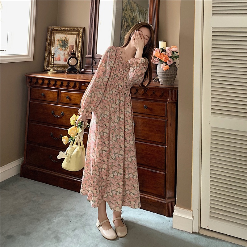 AIMEI Vintage French Square Neck Chiffon High Waist Mid-length Dress-6