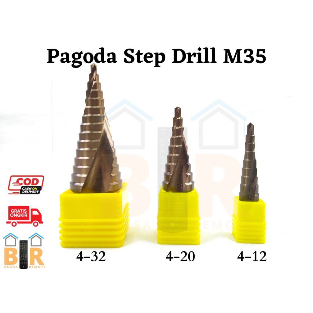 Mata Bor Pagoda Spiral Besi Kuningan Kayu Plastik Step Drill M35  4 - 20 Tingkat Payung