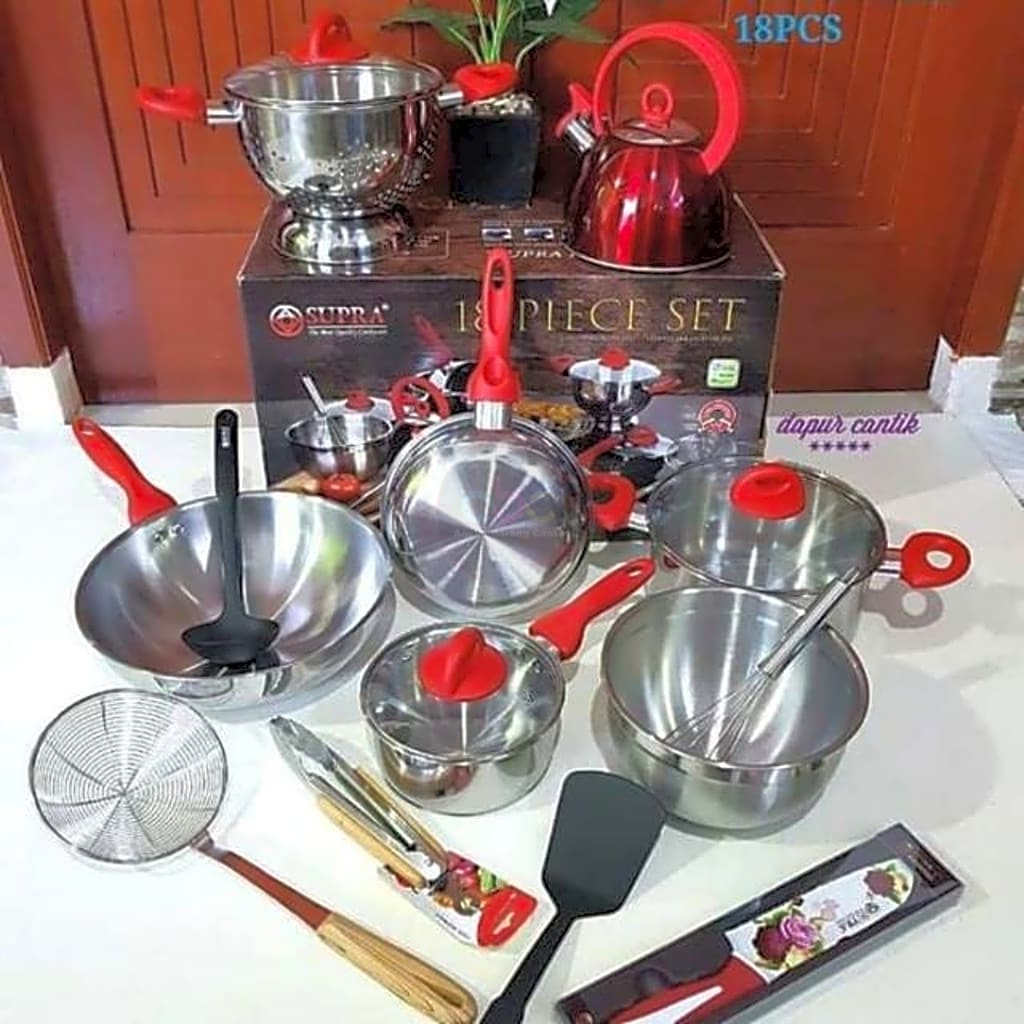 Panci Set Supra 18 pcs Stainless Warna Merah supra set lengkap & komplit
