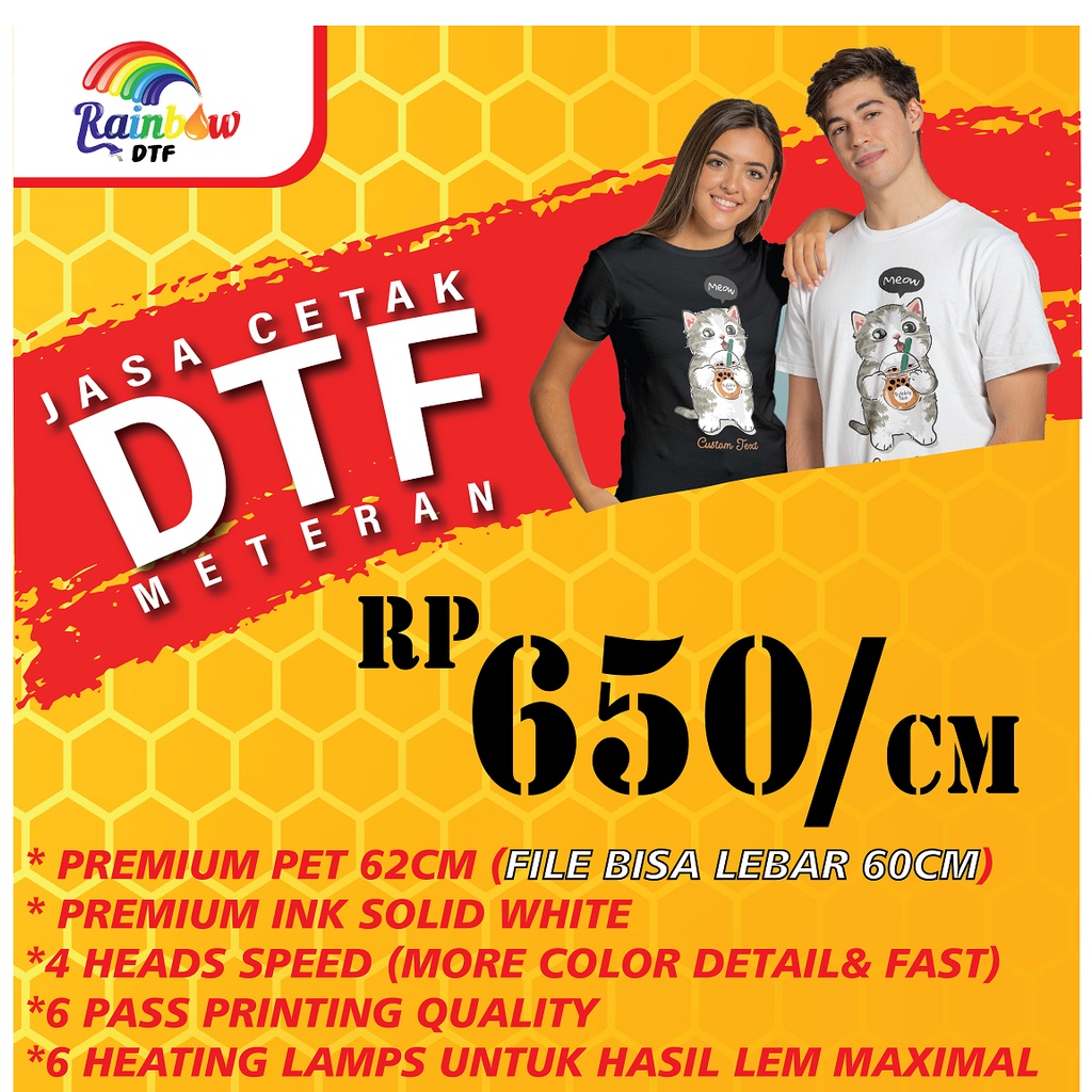 

Cetak DTF / Sablon Digital MURAH PROSES CEPAT CENTIMETER BAHAN PET PREMIUM BARU 62CM