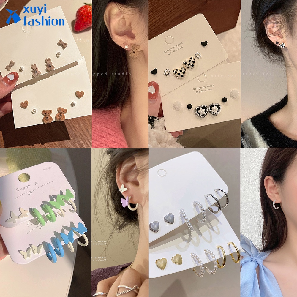 Set Anting Stud Desain Kupu-Kupu Camellia Bunga Mutiara Hati Warna Emas Perak Untuk Wanita