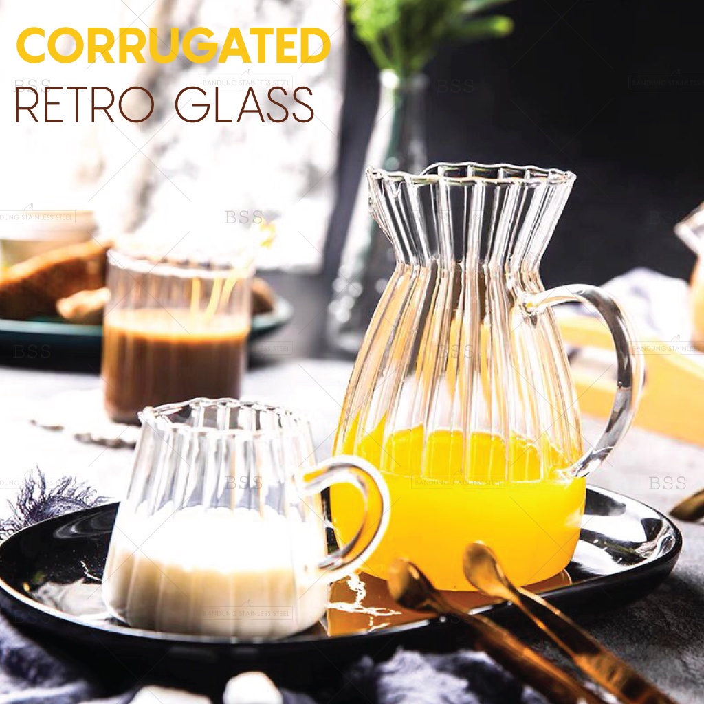 Water Jug Milk Gelas Kaca Corrugated Pitcher Kopi Teh Jus Juice Cantik Unik Drinking Glass Pegangan