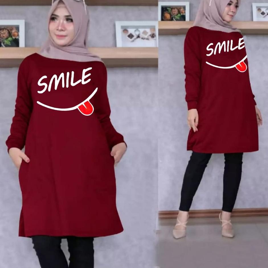 ➩ TUNIK WANITA DEWASA/ TUNIK WANITA TERBARU 2021 KEKINIAN /TUNIK KAOS PANJANG ATASAN MOTIF SMILE ◘