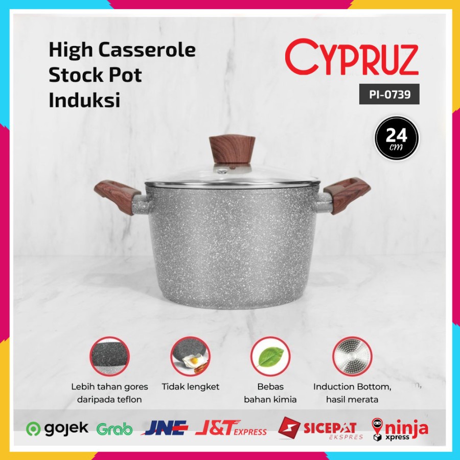 Cypruz PI-0739 Marble Panci 24 cm High Casserole Stock Pot Induksi