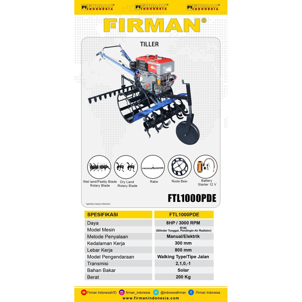 Firman FTL1000PDE / Mesin Traktor - Mesin Bajak Sawah FTL 1000PDE - Tiller Cultivator Mesin Bajak Sawah Electric Starter