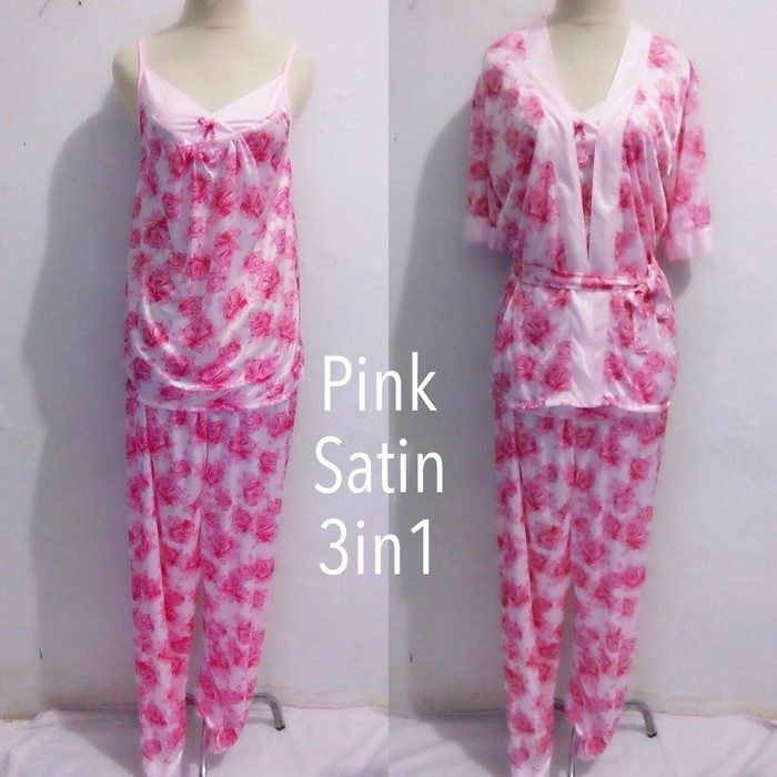 Piyama baju tidur kimono dewasa wanita 3in1 satin setelan celana