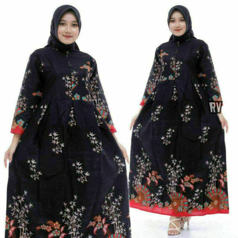 Gamis Batik Syari Kipas Hitam Matt Katun