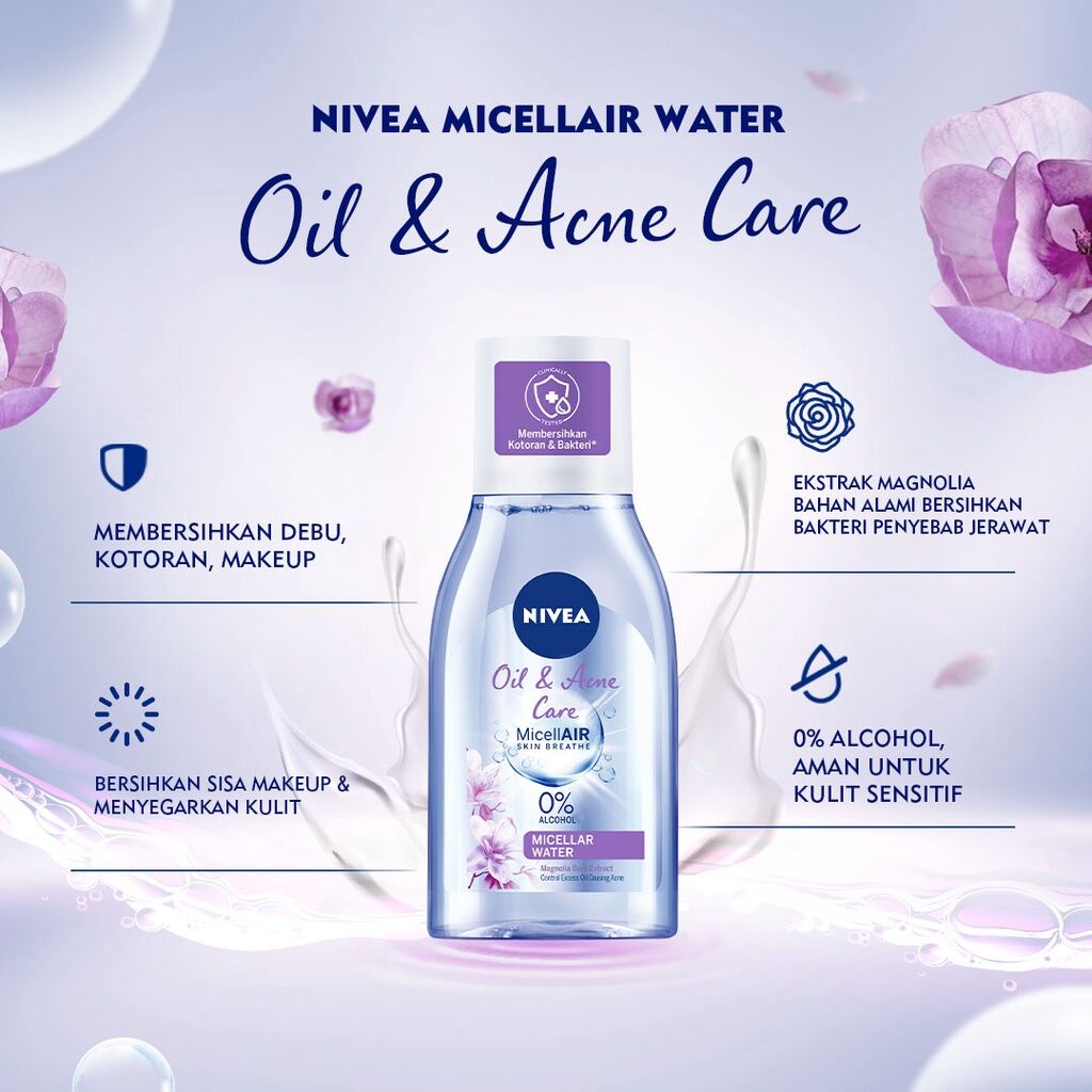 NIVEA MicellAir Oil &amp; Acne Care 125 mL Micellar Water - Anti Bakteri &amp; Jerawat - Botol Ungu Merawat Kulit Wajah Berjerawat - Micelar Water Pembersih Wajah Make Up MakeUp