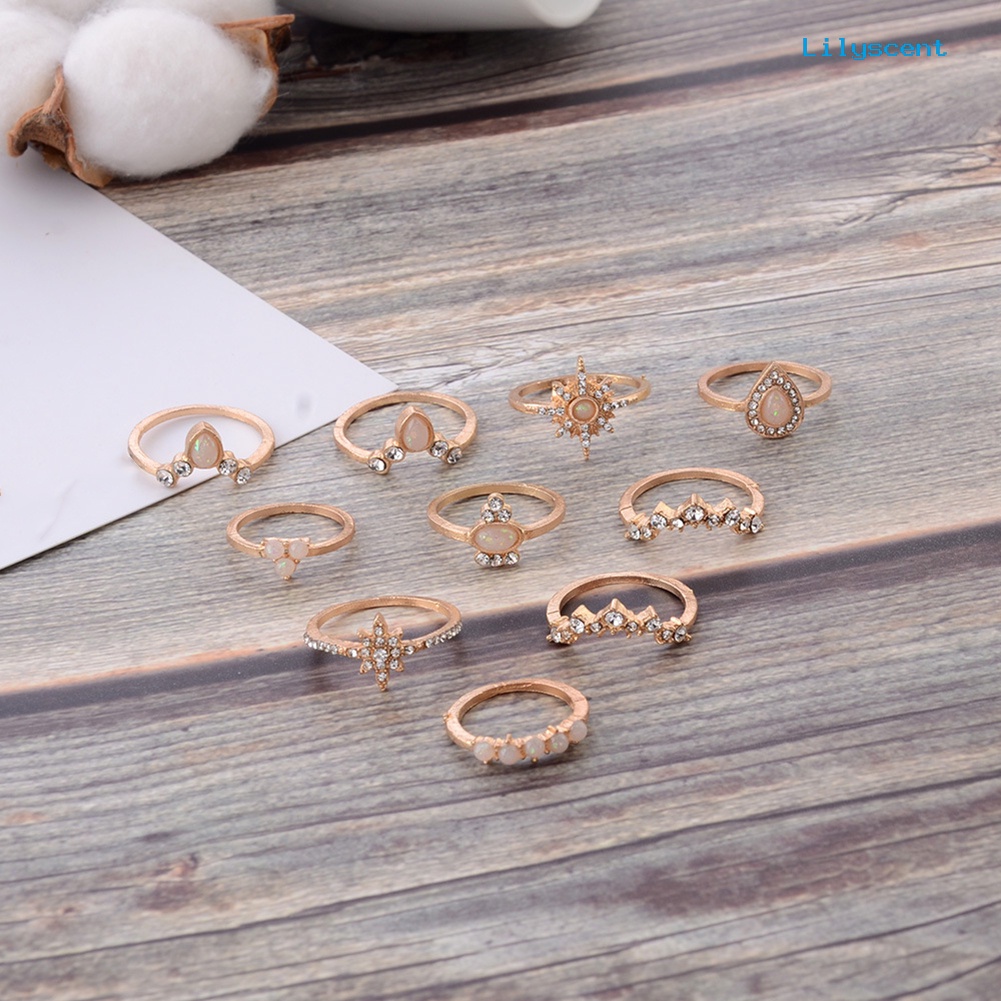 10pcs / Set Cincin Buku Jari Aneka Bentuk Aksen Berlian Imitasi Untuk Wanita