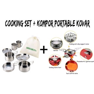 NESTING ISI 8 DAN KOMPOR WINDPROOF cooking set stainless dan kompor portable - cookingset stainless camelwill - alat masak portable