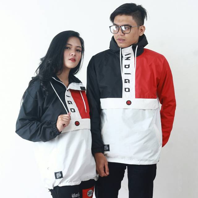 Jaket pria wanita parasut hitam merah putih