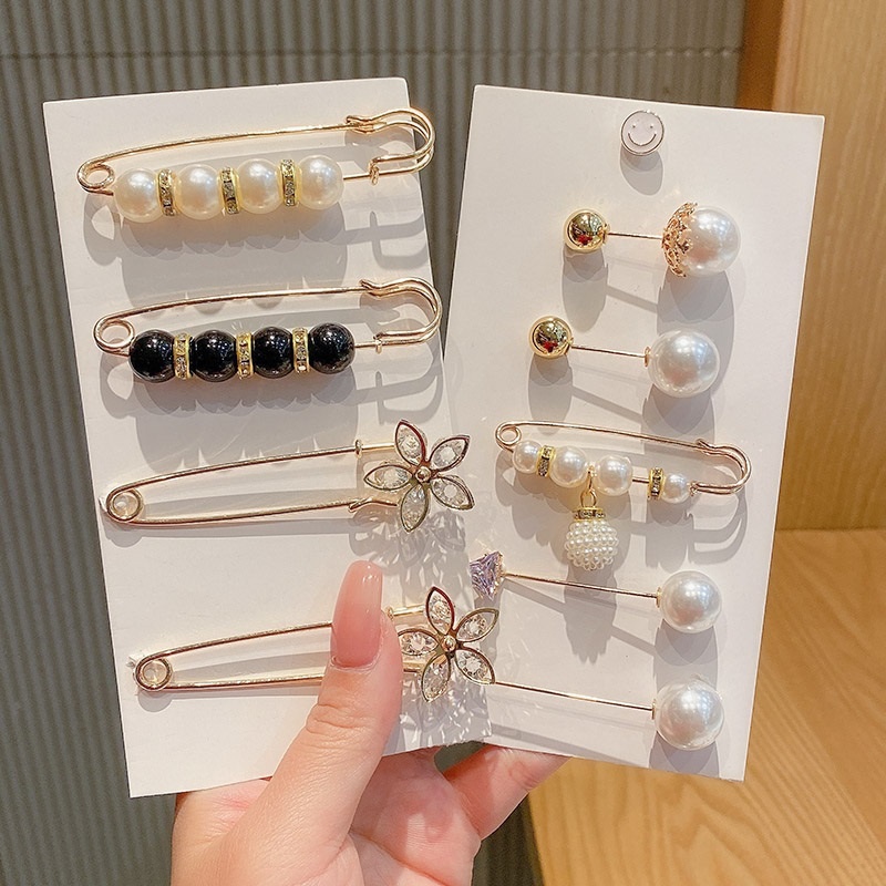YEEZII 6Pcs/Set Korean Diamond Pearl Brooch Pins Fashion Elegant Waist Fixed Adjuster Clip Women Accessories Jewelry Gift