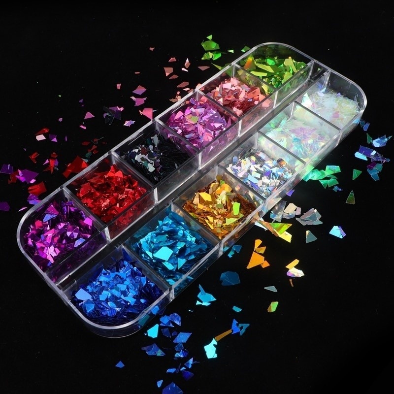 12 Grids Fluorescence Hollow Heart Neon Star Shapes Nail Art Glitter Flakes 3D Colourful Sequins Polish Manicure Nail Decoration