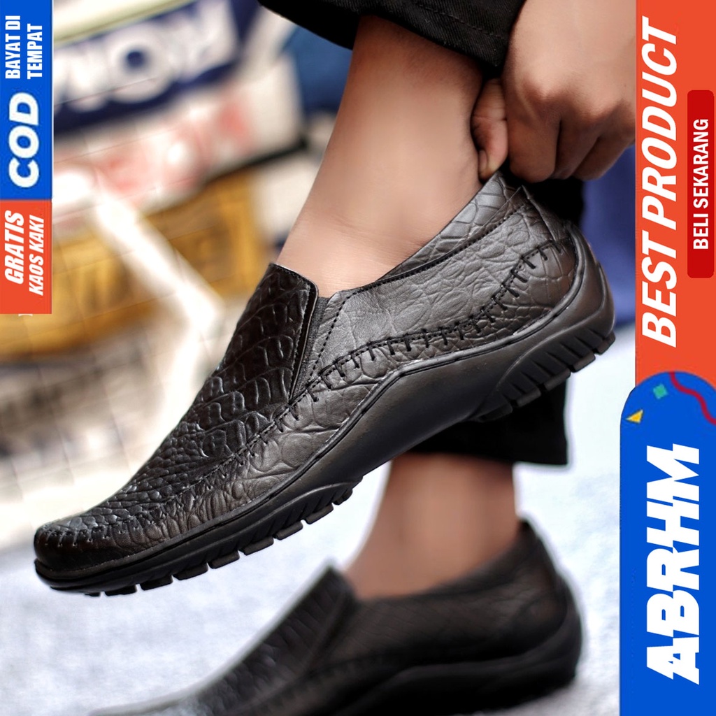 Sepatu Casual Pria Formal Slip On Pantofel Kulit Asli Kerja Kantor Kondangan Kuliah Hitam Fashion Shoes Terbaru Murah Kekinian Original CROCO ABRHM