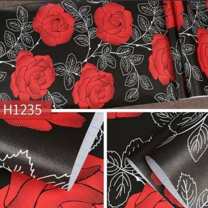 WALLPAPER STIKER DINDING BATIK HITAM BUNGA MAWAR MERAH