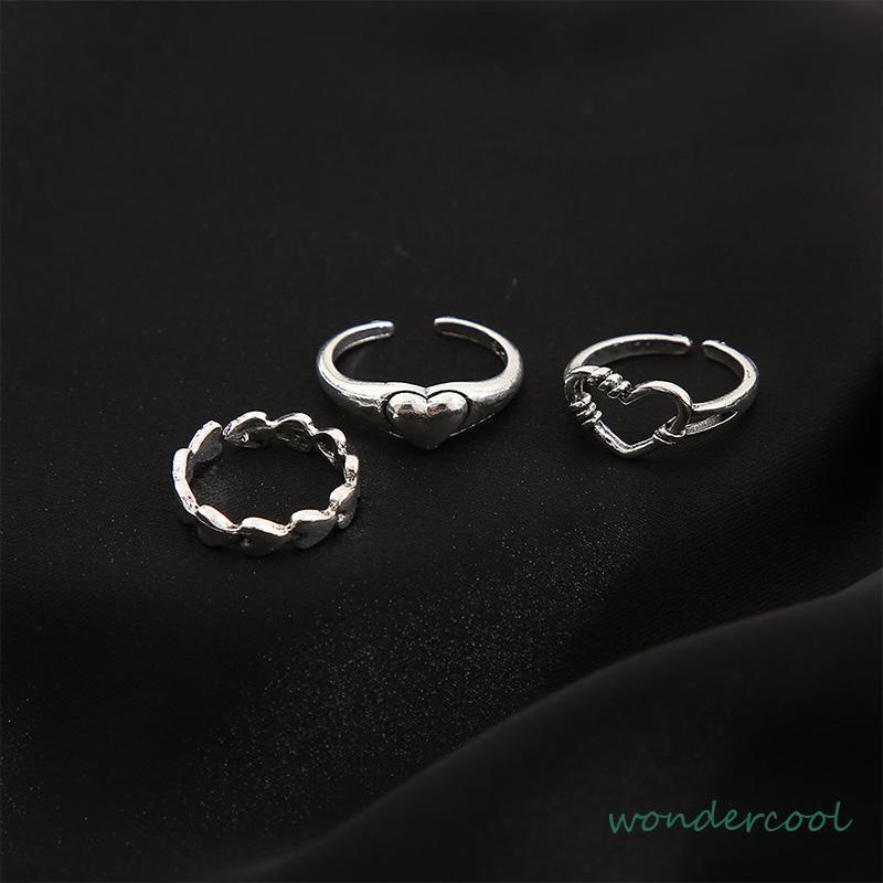 3pcs Cincin Model Terbuka Desain Gelombang Hati Warna Silver Gaya Vintage Untuk Wanita-Won