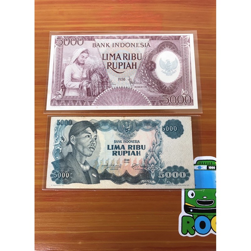 Uang Kuno 5000 Pekerja Violet UNC dan 5000 Sudirman AUNC Seri Sama