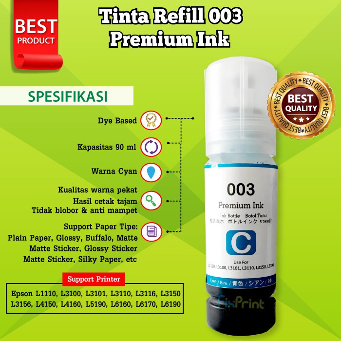 Tinta Printer 003 Cyan Magenta Yellow Black L1110 L3110 L3150 L5190