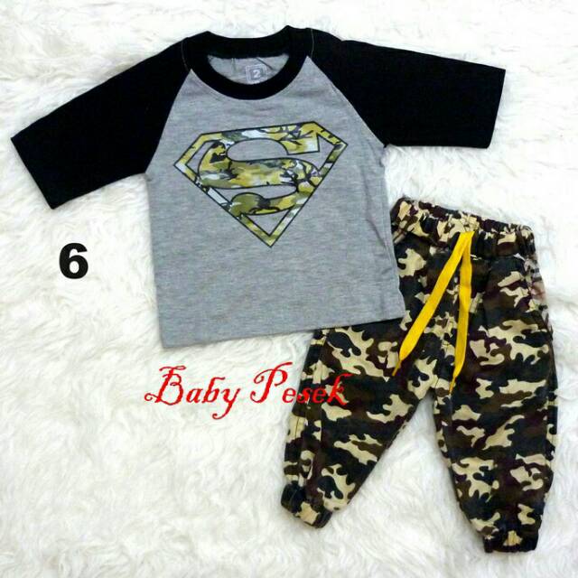 Baju Setelan Anak Bayi Laki-Laki Superman Celana Army ( 2 - 3.5 th )
