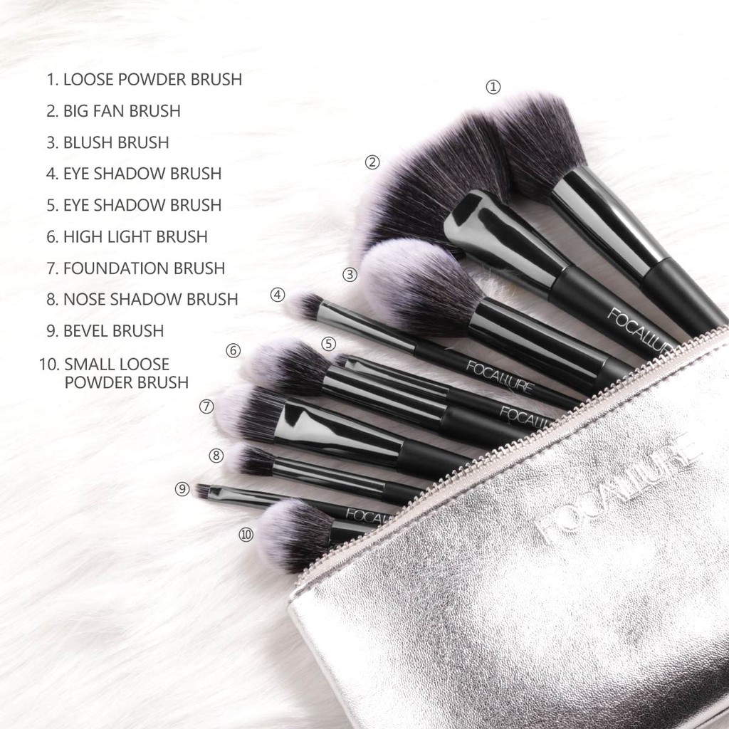 ★BB ★ FOCALLURE 10Pcs Makeup Brushes Set + Pouch |FA70#B