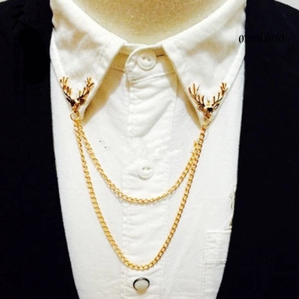 OW@ Fashion Men Women Shirt Suit Collar Deer Head Brooch Pin with Long Chain Gift