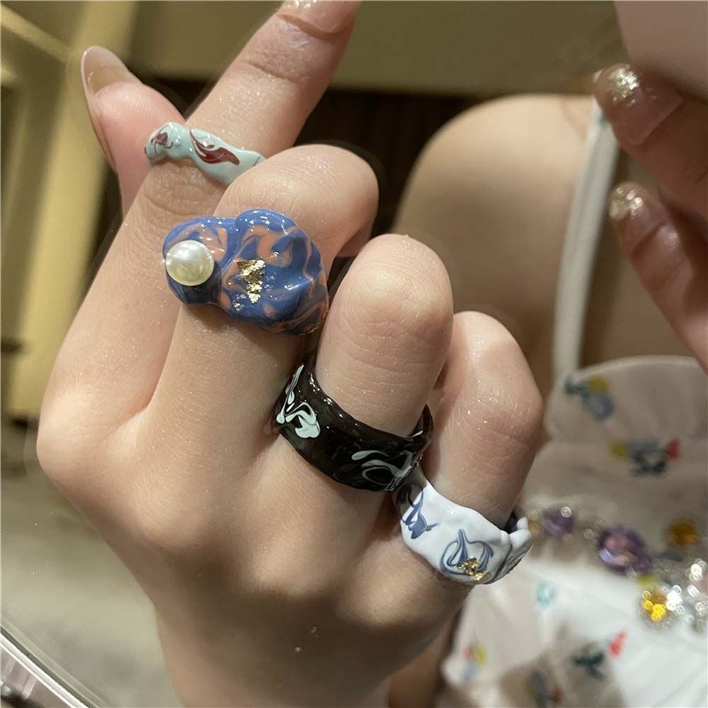 Needway  Retro Open Ring Personality Fashion Jewelry Finger Rings Women Pearl Korean Temperament Painted Flower Girls Alloy/Multicolor