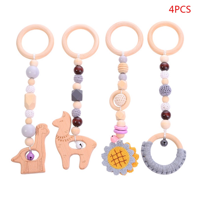 Mary 4pcs / Set Mainan Rattle / Teether Gantung Dengan Frame Kayu Untuk Stroller Bayi