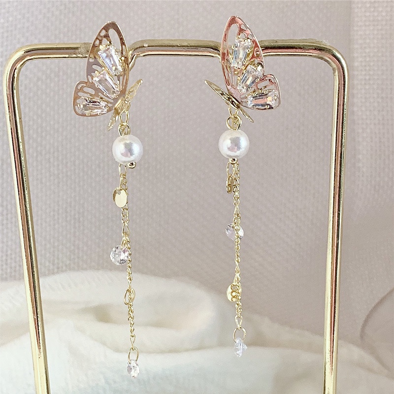 Anting Rumbai Panjang Bentuk Kupu-Kupu Aksen Mutiara Kristal Gaya Korea