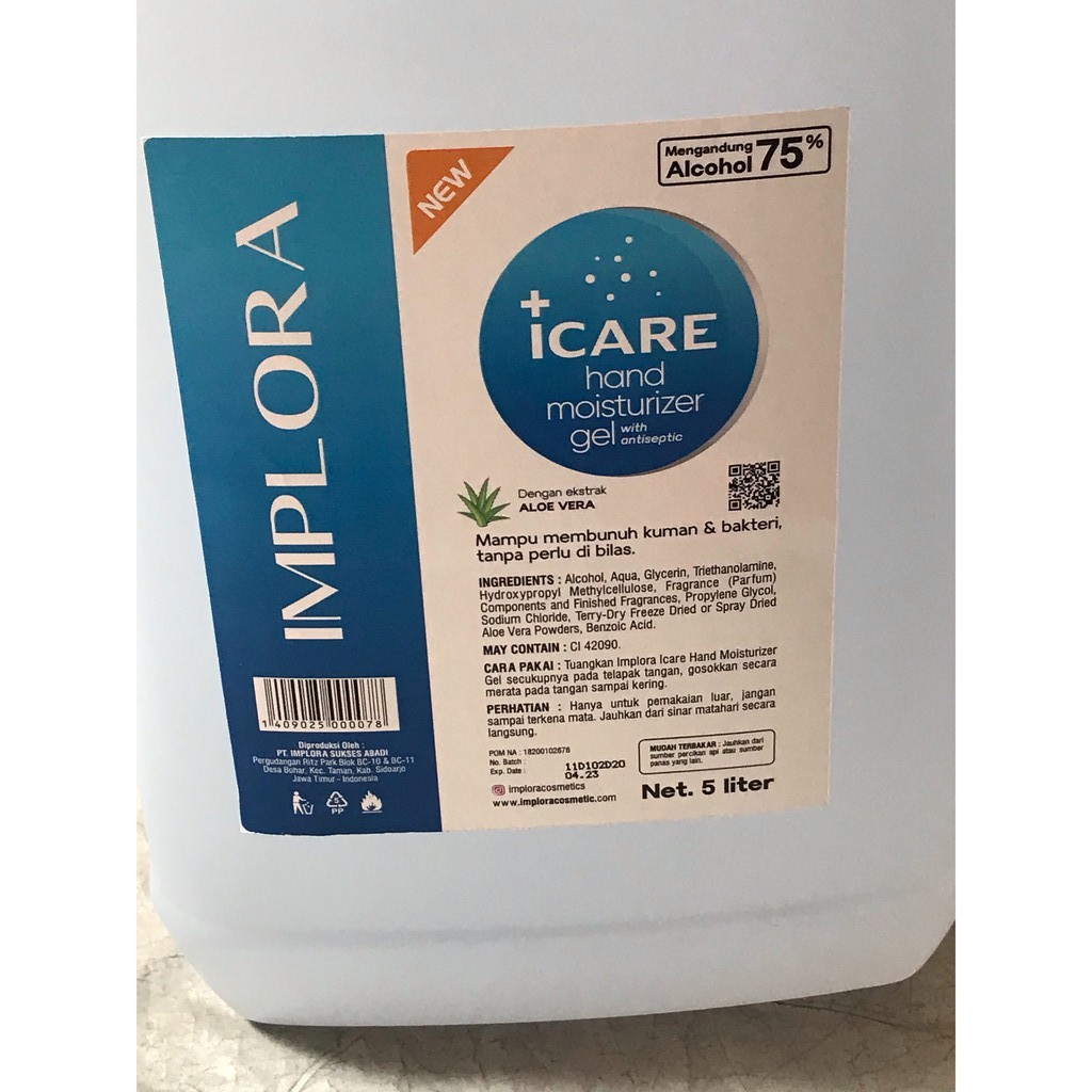 IMPLORA ICARE HAND SANITIZER 5 L LITER 5000 ml / HAND MOISTURIZER GEL 5L 5000ml BPOM KEMENKES INSTAN