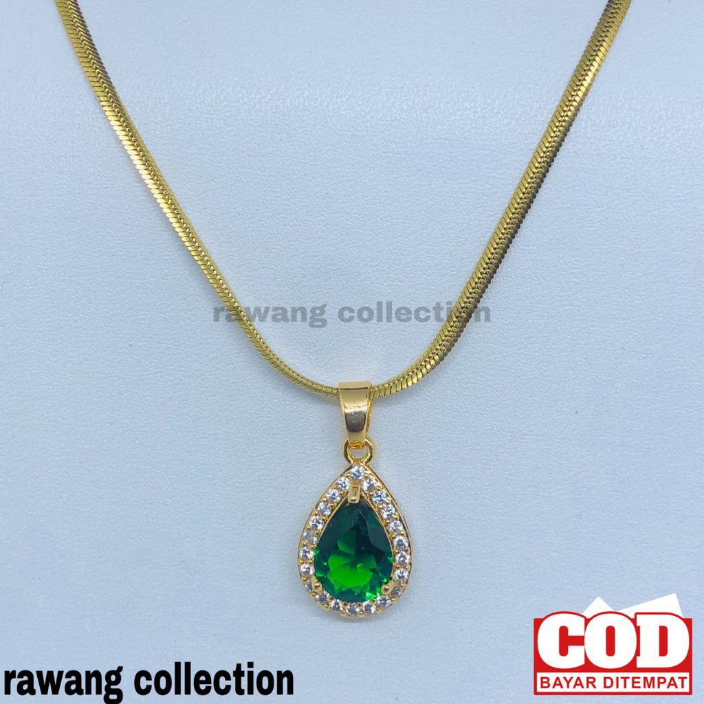 kalung titanium gold belut plus liontin permata hijau