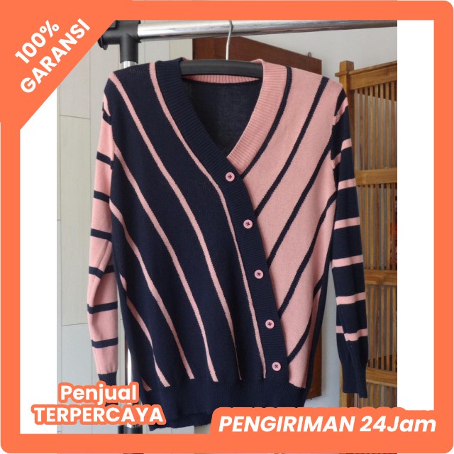 ATASAN/BLOUSE RAJUT Knit Import GARIS SERONG, Tidak Busui Kaos Leher V Neck