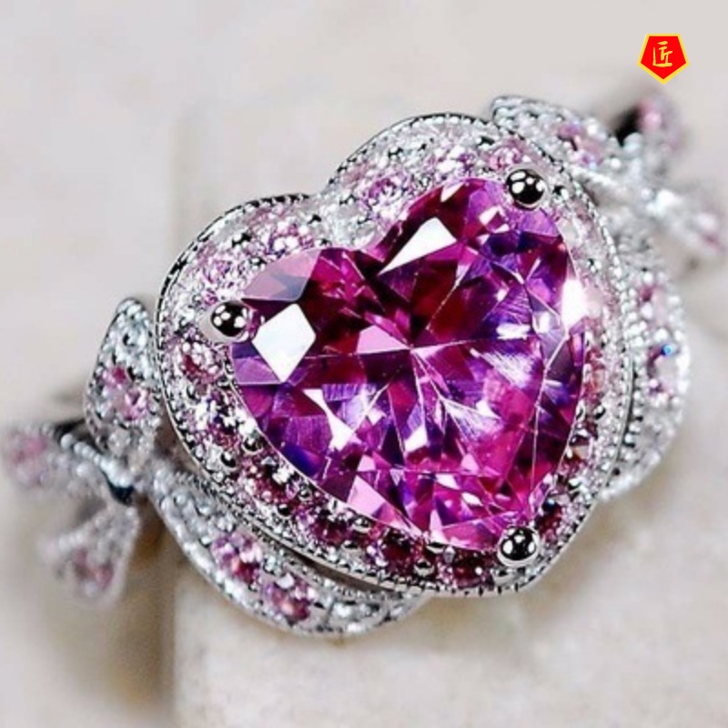 [Ready Stock]3 Karat Heart-Shaped Pink Diamond Female Ring Fashion