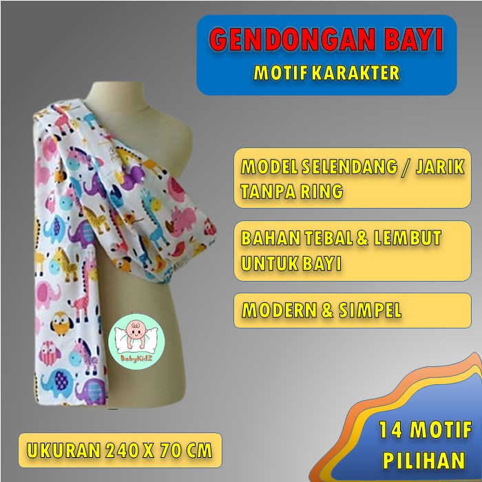 Cukin Gendongan Bayi Samping Motif Karakter Model Selendang Jarik Modern Bahan Katun Mikro Lembut