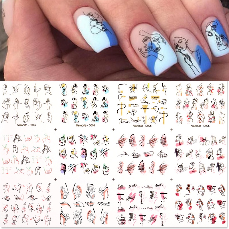 12pcs / Set Stiker Kuku Motif Geometri / Bunga / Daun / Cat Air Untuk Nail Art / Manicure Diy