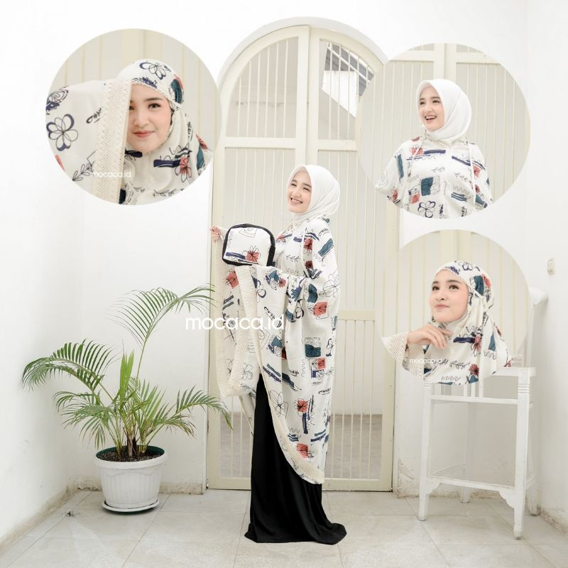 Mukena Dewasa Jumbo 2 in 1 Kayana Motif Bahan Rayon Premium Jatuh Adem Ponco Pouch Tas Sleting Cream